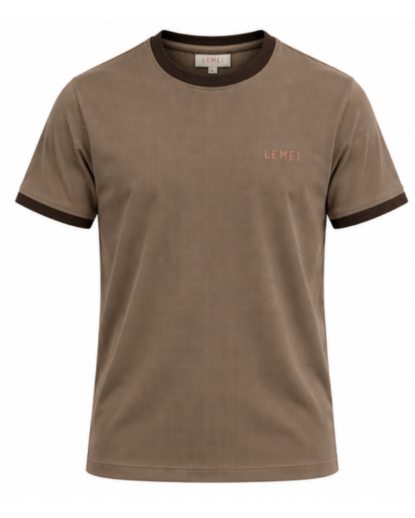 Lemei Firenze men's taupe waffle knit T-shirt, front view on a white background