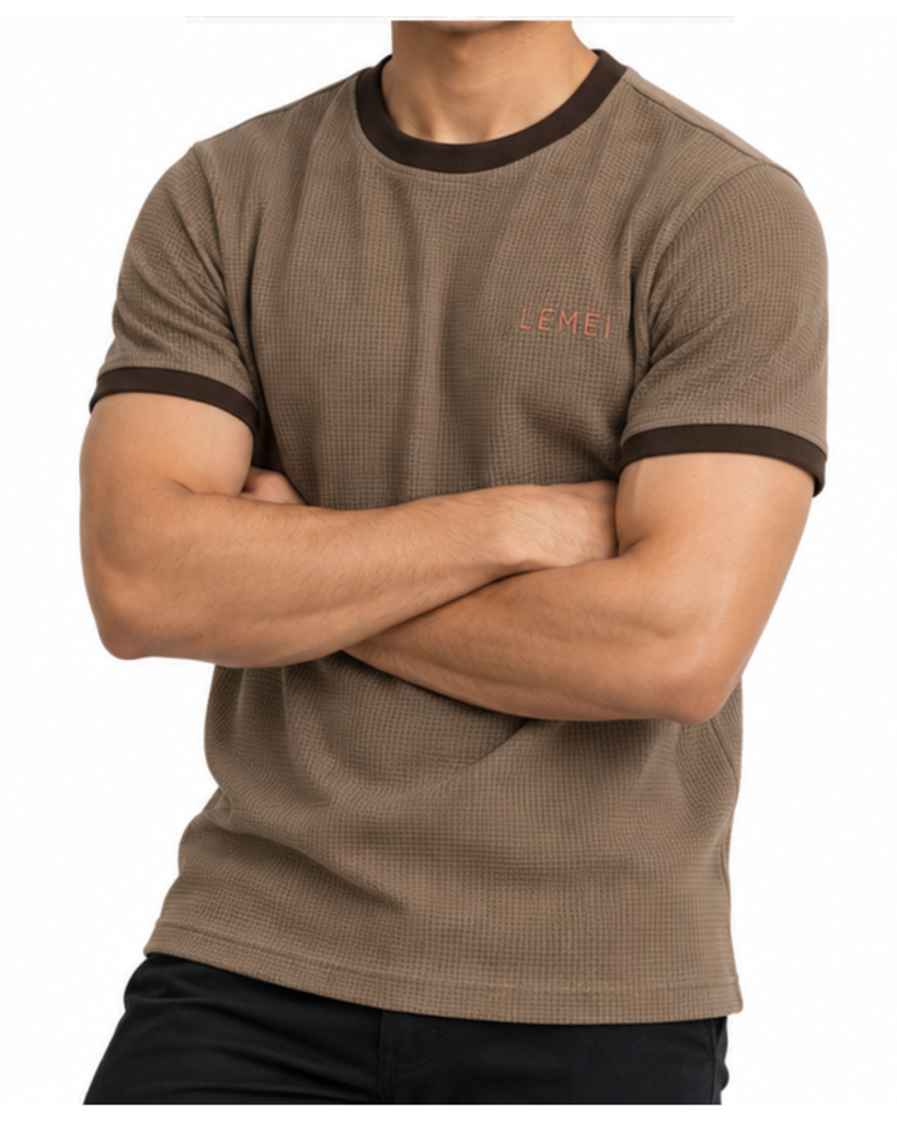 Lemei Firenze men's taupe waffle knit T-shirt, worn by a model with arms crossed, front view