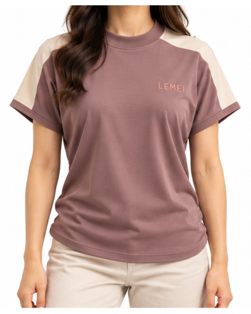 Lemei Firenze women's mauve dolman sleeve T-shirt, worn by a model, front view