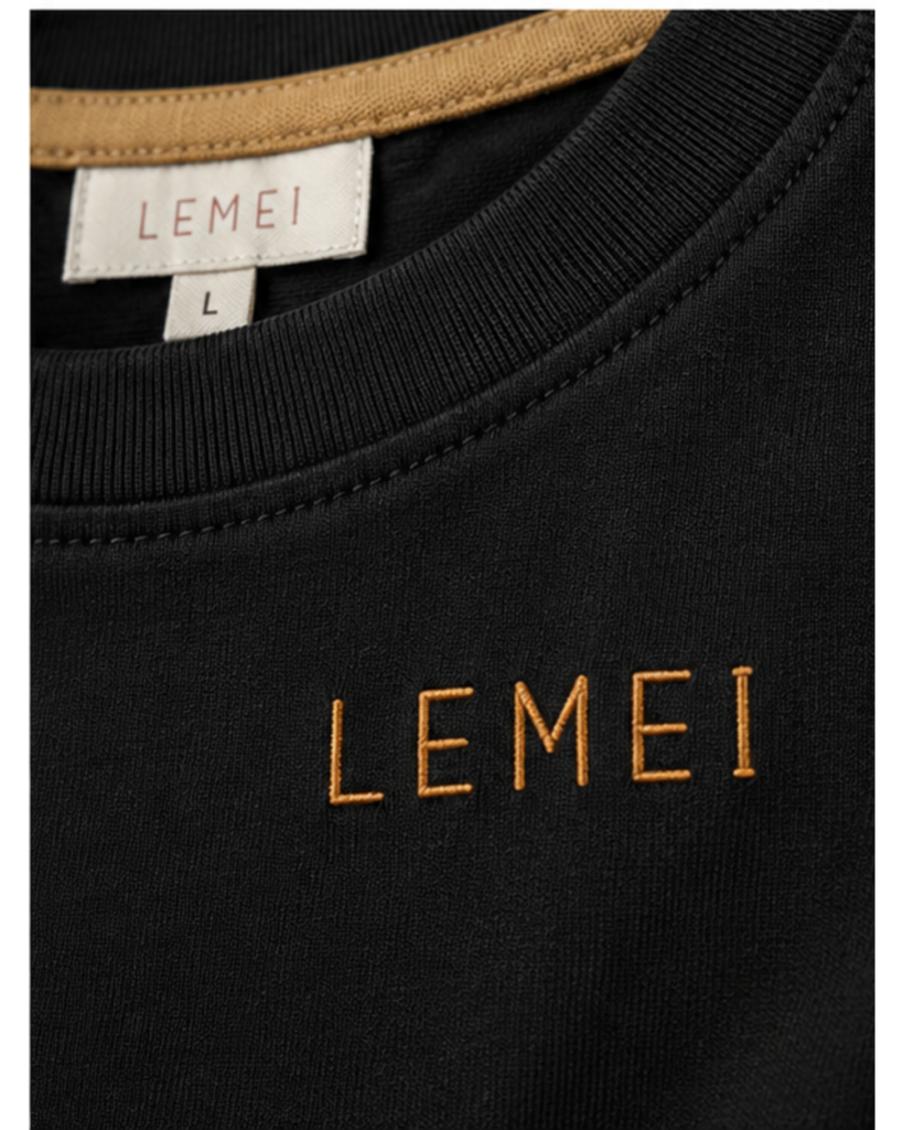 Lemei Milano men's black T-shirt with gold trim, close-up of the neckline, neck label and embroidered logo