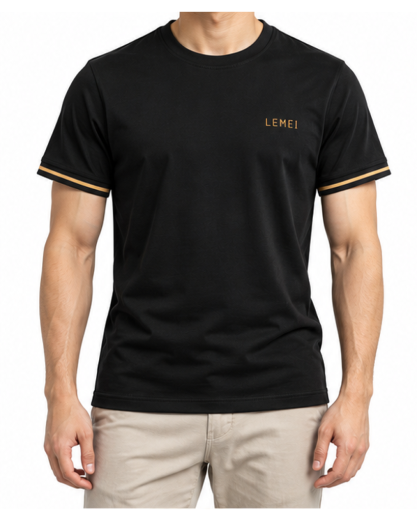 Lemei Milano men's black T-shirt with gold trim, worn by a model, front view