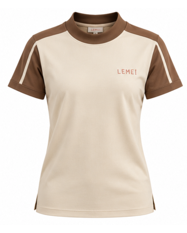 Lemei Milano women's ivory high-neck T-shirt with mocha sleeves, front view on a white background