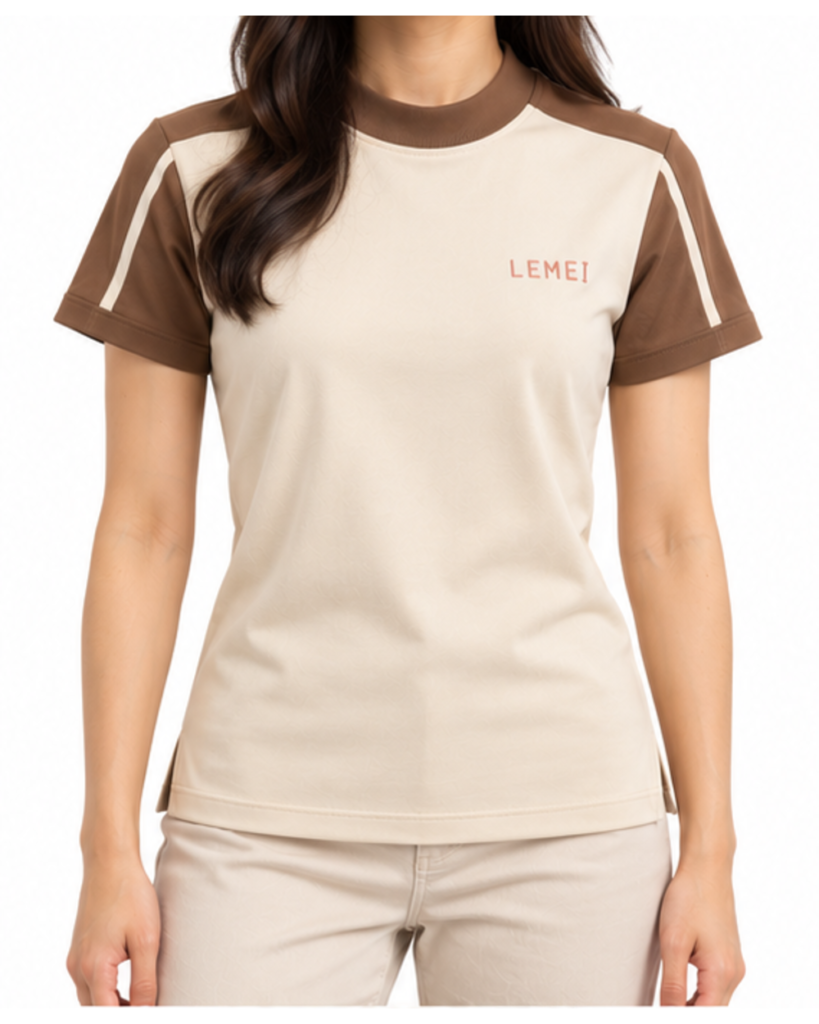 Lemei Milano women's ivory high-neck T-shirt with mocha sleeves, worn by a model, front view