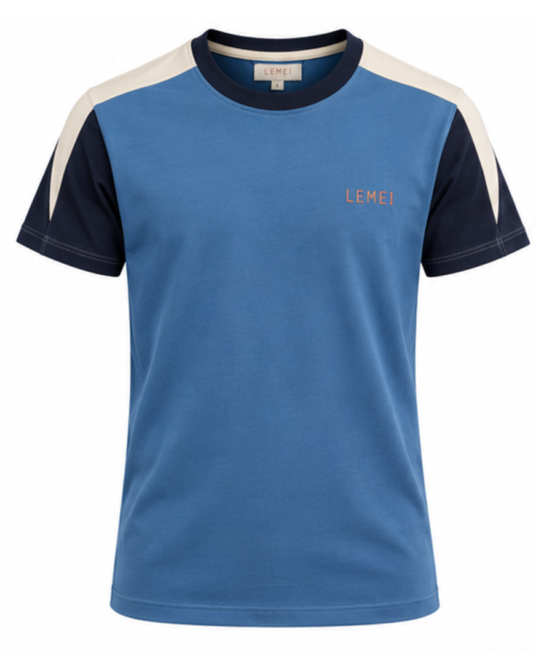Lemei Riviera men's blue contrast shoulder T-shirt, front view on a white background