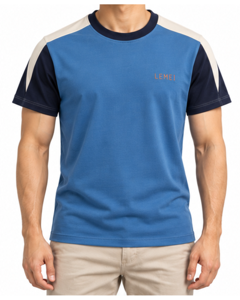Lemei Riviera men's blue contrast shoulder T-shirt, worn by a model, front view