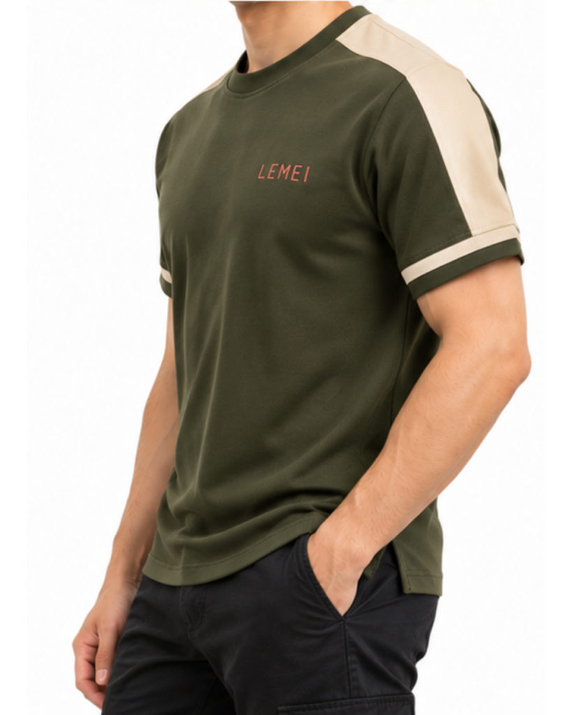 Lemei Roma men's olive split-hem T-shirt, worn by a model, side view with hand in pocket