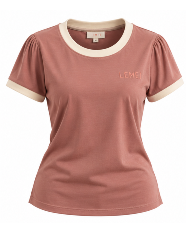 Lemei Venezia women's terracotta rose T-shirt with ivory trim, front view on a white background
